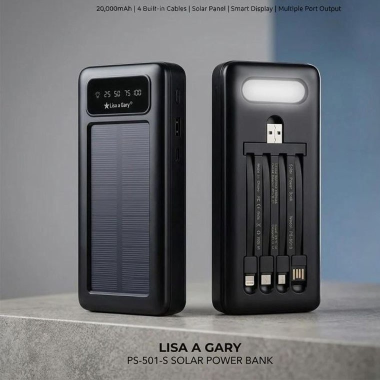 پاوربانک 20 هزار خورشیدی LISA-GARY اورجینال مدل PB-5018 دارای چراغ قوه و 4 عدد کابل