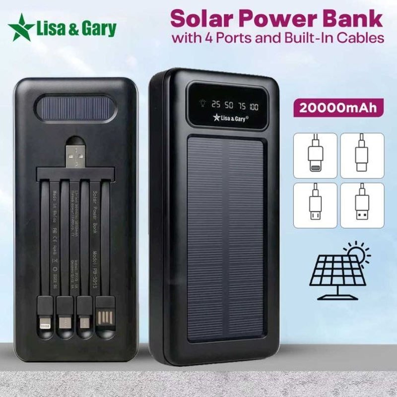 پاوربانک 20 هزار خورشیدی LISA-GARY اورجینال مدل PB-5018 دارای چراغ قوه و 4 عدد کابل