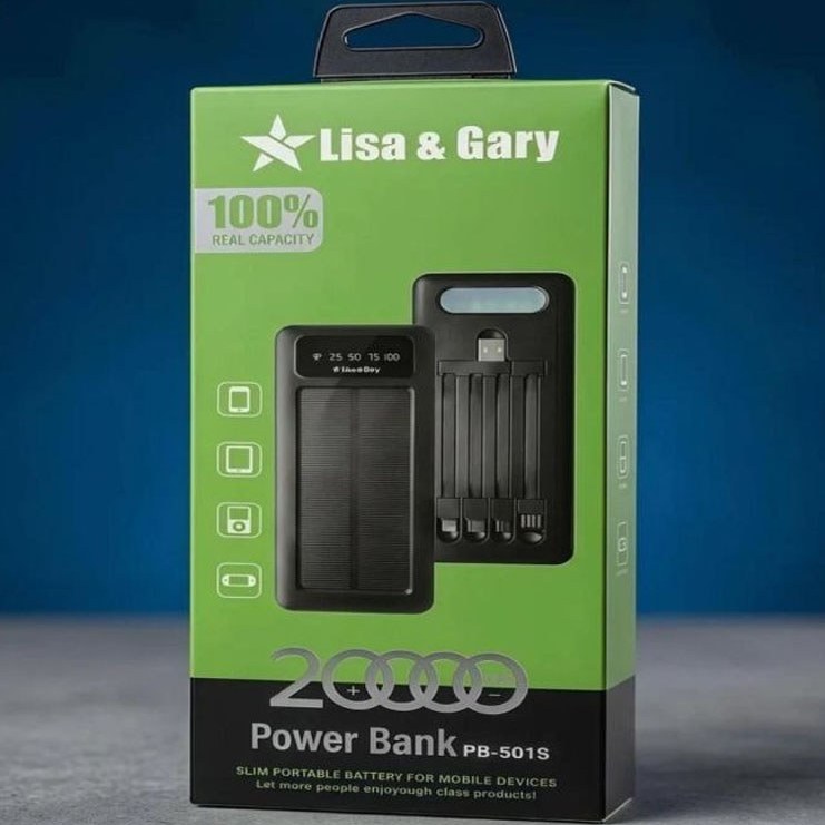 پاوربانک 20 هزار خورشیدی LISA-GARY اورجینال مدل PB-5018 دارای چراغ قوه و 4 عدد کابل